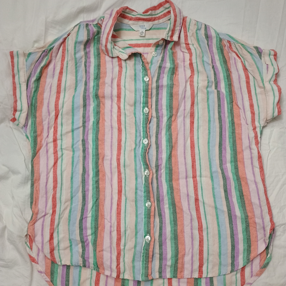 Striped Button-Front Short Sleeve Shirt - Pastel Multi